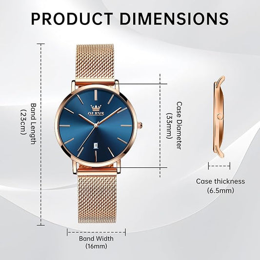 OLEVS Ladies Ultra Thin Watches, Big Dial Stainless Steel Mesh Strap Casual Ladies Watch