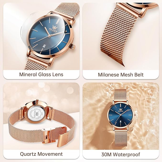 OLEVS Ladies Ultra Thin Watches, Big Dial Stainless Steel Mesh Strap Casual Ladies Watch